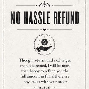 The image is a black and white sign with a bold, all-caps message that reads "NO HASSLLE REFUND". Below the message, there is a graphic of a hand holding a dollar sign, indicating that the sign is meant to discourage customers from requesting refunds. The text also states that the customer will be more satisfied to refund the full amount if there are any issues with their order.