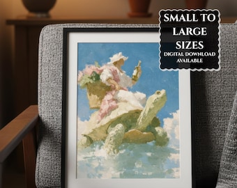 May include: A framed print featuring an oil painting of a figure in a white hat and clothing riding a large turtle against a blue sky. The figure holds a bottle and a basket. Text on the print reads: SMALL TO LARGE SIZES DIGITAL DOWNLOAD AVAILABLE.