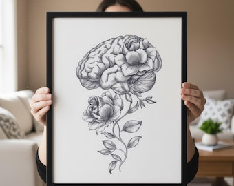 Floral Brain Art Print: Surreal Botanical Anatomy Drawing (UNFRAMED or DIGITAL)