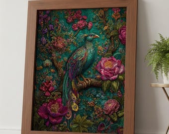Peacock Chinoiserie Art Print: Maximalist Floral Poster  (UNFRAMED or DIGITAL)
