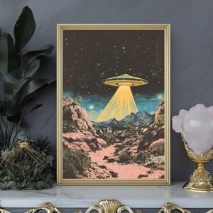 a picture of an alien flying over a desert