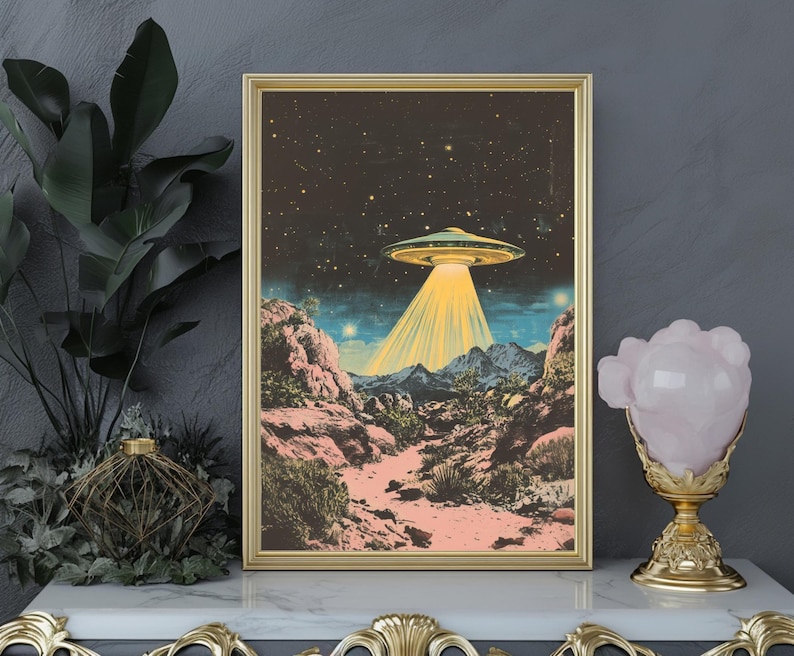 a picture of an alien flying over a desert
