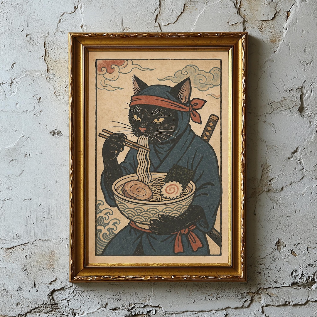 Japanese Ukiyo-e Style Cat Art - Ninja Cat Eating Ramen Poster - Anime ...