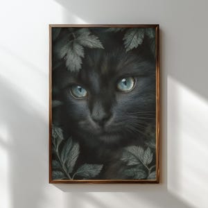 Black Cat Portrait Print: Mystical Feline, Forest Leaves (UNFRAMED)
