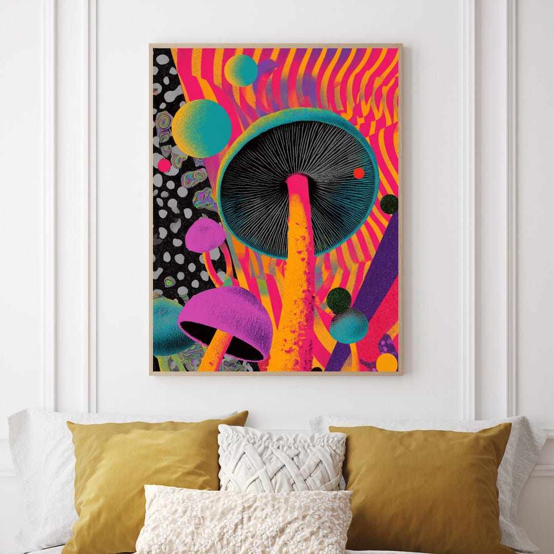 Retro Rave Mushroom Poster - 90s Acid House Psychedelic Print, Bold Pop ...