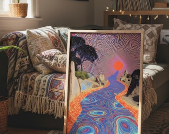 Psychedelic River Optical Illusion Art Print: Trippy Retro Wall Art (UNFRAMED or DIGITAL)