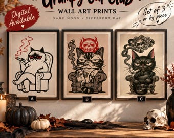 Halloween Cat Wall Art Set of 3, Gothic Smoking Feline Prints, Spooky Retro Decor