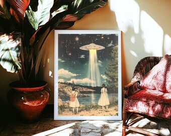 Retro Japanese UFO Print: First Contact Sci-Fi Art (UNFRAMED or DIGITAL)