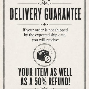 The image is a black and white advertisement for a delivery guarantee. It states that if the order is not shipped by the expected ship date, the customer will receive a 50% refund. The ad also encourages the customer to shop confidently knowing their order is protected.