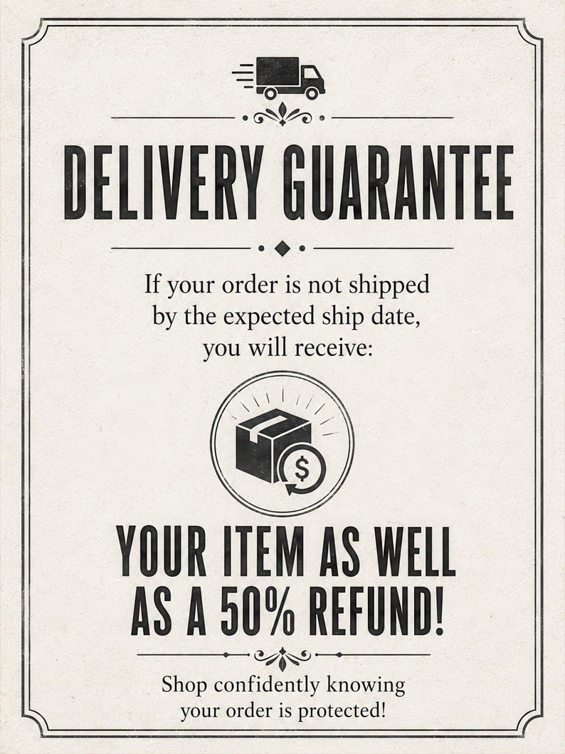 The image is a black and white advertisement for a delivery guarantee. It states that if the order is not shipped by the expected ship date, the customer will receive a 50% refund. The ad also encourages the customer to shop confidently knowing their order is protected.