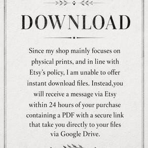 text that provides instructions for how to download a PDF from the seller's website. The text states that the seller's shop mainly focuses on physical prints and is unable to offer instant download files, so the buyer will receive a message via Etsy within 24 hours of their purchase containing a secure link that takes them directly to their files via Google Drive. The text is clear and concise, avoiding redundancy and vague wording.