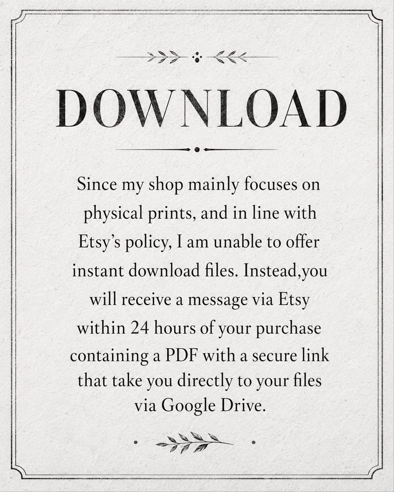 text that provides instructions for how to download a PDF from the seller's website. The text states that the seller's shop mainly focuses on physical prints and is unable to offer instant download files, so the buyer will receive a message via Etsy within 24 hours of their purchase containing a secure link that takes them directly to their files via Google Drive. The text is clear and concise, avoiding redundancy and vague wording.