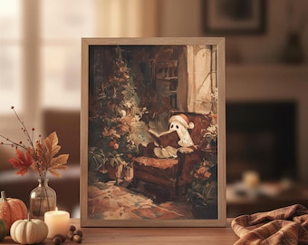 May include: A framed rectangular wall art print featuring a ghost wearing a Santa hat while sitting in a brown armchair and reading a book next to a decorated Christmas tree. The artwork uses a warm color palette of browns, oranges, and deep reds.