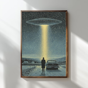 Vintage UFO Abduction Poster: Retro Sci-Fi Alien Encounter Wall Art