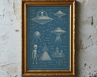Ancient Alien Technology Blueprint Art Print: UFO Pyramid Diagram (UNFRAMED or DIGITAL)