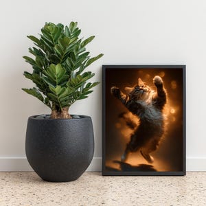 Dancing Kitten Art Print: Golden Glow Cat Illustration (UNFRAMED)