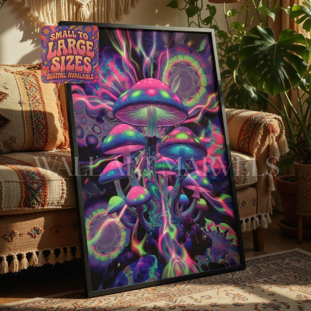 Psychedelic Mushroom Wall Art Print | Trippy Neon Space Decor ...