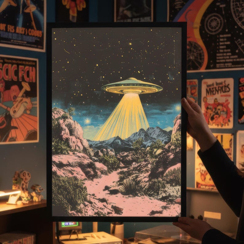 Retro UFO Art Print: 1950s Sci-Fi Alien Poster (UNFRAMED or DIGITAL) image 4