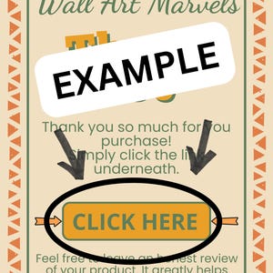 The image is a promotional poster for Wall Art Marvels, featuring a large "EXAMPLE" button and a message encouraging customers to leave reviews.