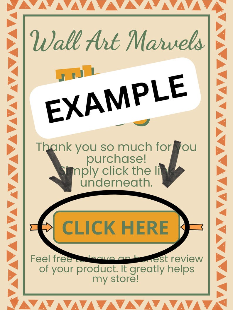 The image is a promotional poster for Wall Art Marvels, featuring a large "EXAMPLE" button and a message encouraging customers to leave reviews.