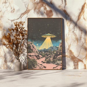 a picture of an alien flying over a mountain