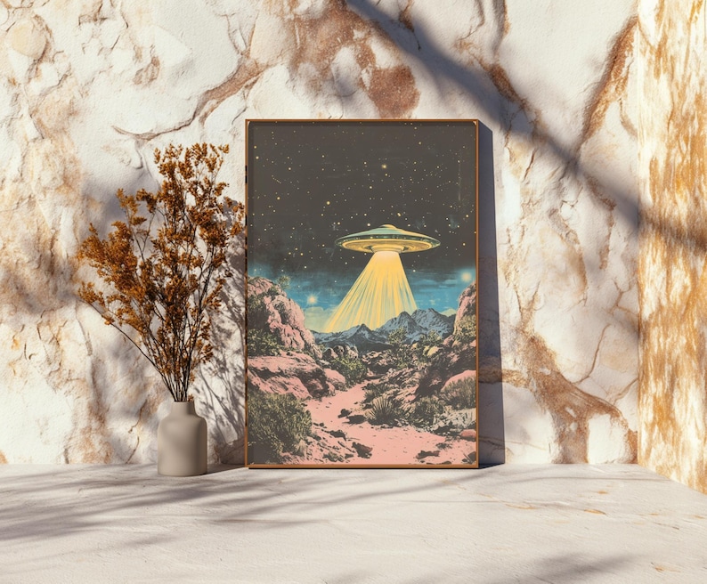 a picture of an alien flying over a mountain