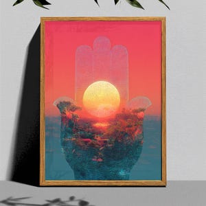 Sunset Hamsa Hand Art Print, Retro Boho Poster, Landscape Hand of Fatima Wall Decor, Positive Spiritual Protection | Various Sizes UNFRAMED