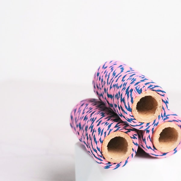 ROLL Ficelle de boulanger {20 m} Rayé 12 plis | Ficelle rose à rayures bleues | Ficelle en coton 2 couleurs | Fourniture de ficelle à faire soi-même | Ficelle d'été pour fête d'enfants