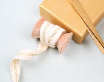 Gold Stripe Natural Cream Ribbon | Natural Cotton Stripe Twill | Holiday Ribbon | Cotton Ribbon 15mm | Gold Luxe Gift Ribbon