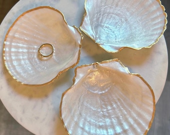 Pearlescent Scallop Shell Ring Dish | Gold Enamel Coastal Decor