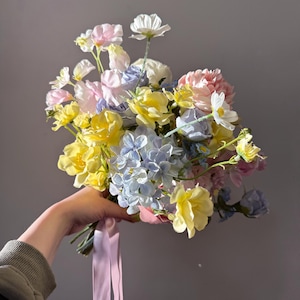 Pastel Wildflower Silk Bridal Bouquet | Bridesmaid Bouquet Set | Baby Pink & Blue Wedding Flowers | Elegant Silk Wedding Bouquet