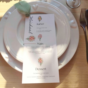Menú de boda personalizado / Tarjeta de lugar de boda / Menú de flores de acuarela / Menú de boda personalizado / Menú de boda con cinta de gasa /