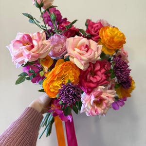 Cerise Pink & Orange Wedding Bouquet: Wildflower Hand-Tied Design