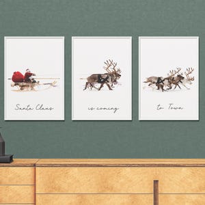 Santa Claus is Coming Print | Christmas Set of 3 Framed Prints | Reindeer Prints | Festive Decor |Unframed  Xmas Pictures |Christmas Posters