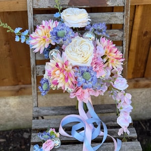 Pastel Wedding Bouquet | Faux Flowers | Pink, Blue and Cream Bouquet | Disco balls | Bridal Bouquet | Artificial Flowers for Wedding