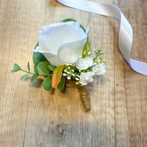 Ivory Rose Buttonhole: Eucalyptus & Gypsophila Boutonniere