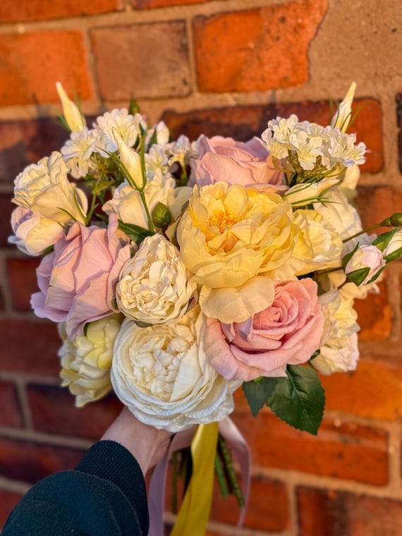 Pale Yellow Blush Pink Faux Flower Bouquet: Spring Wedding  display picture 1