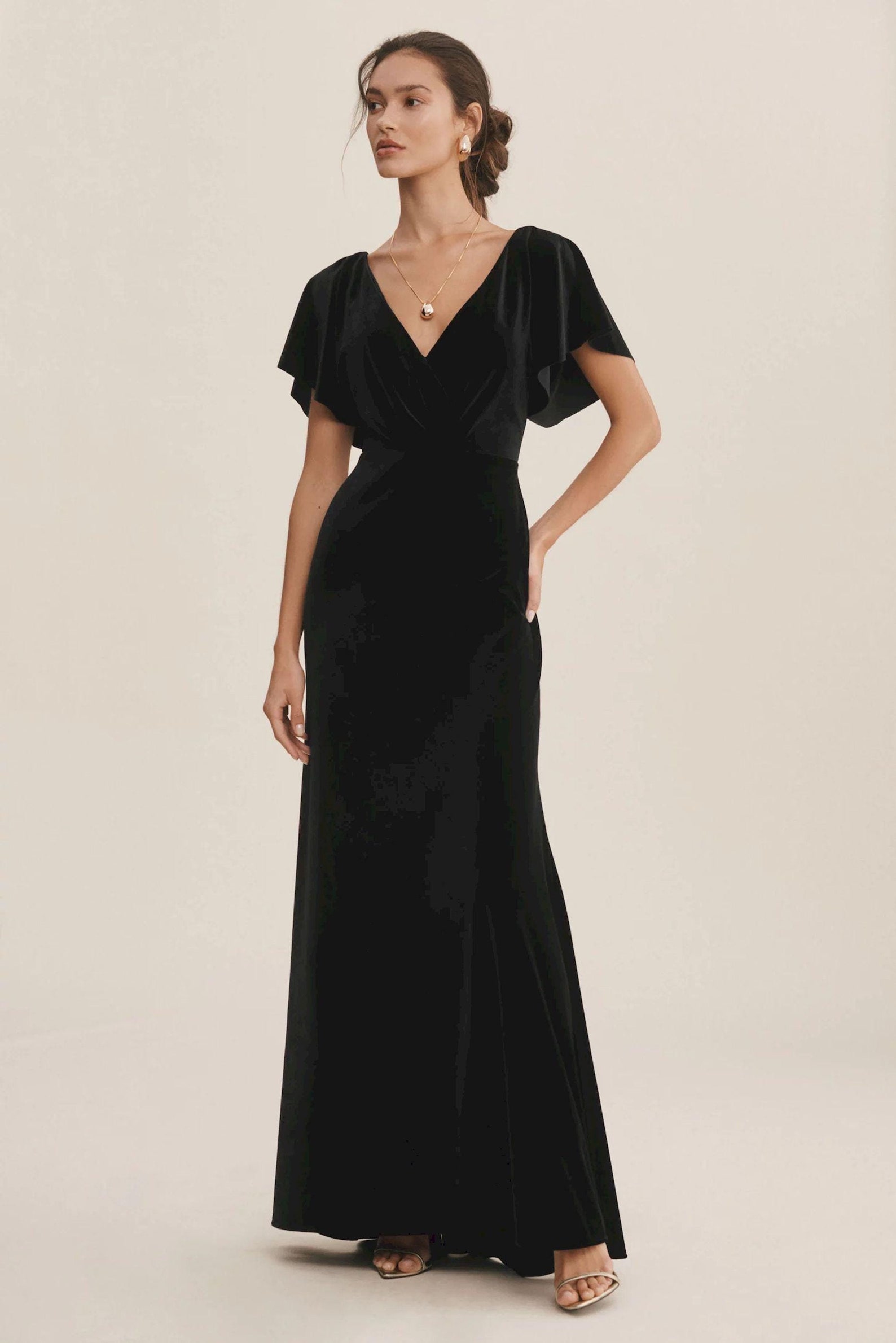 Black Velvet Wedding Guest Dress, Flutter Sleeve Open Back Stretch Black Velvet Wedding Guest Dress, Flutter Sleeve Open Back Stretch