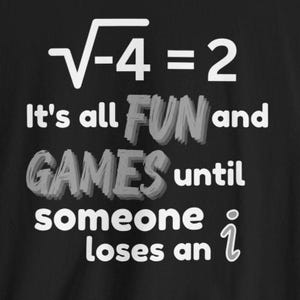 May include: Black t-shirt featuring the equation "√-4 = 2" and the phrase "It's all FUN and GAMES until someone loses an i." The text is in white, with "FUN" and "GAMES" in a 3D style. A humorous math-themed design.
