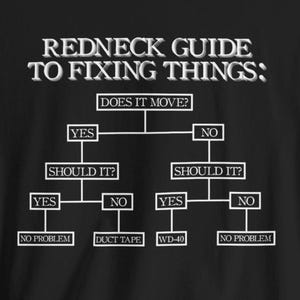 May include: Black t-shirt with white text. The text reads "REDNECK GUIDE TO FIXING THINGS:" followed by a flowchart. The flowchart asks "DOES IT MOVE?" and offers solutions like "DUCT TAPE" and "WD-40".