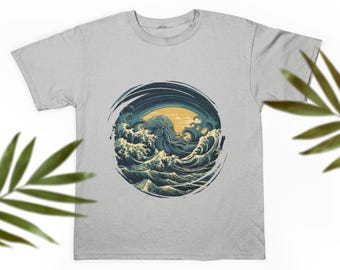 Camiseta de algodão unissex com recorte em estêncil espiral Cthulhu Waves, emoldurada, Lovecraft, Horror Cósmico