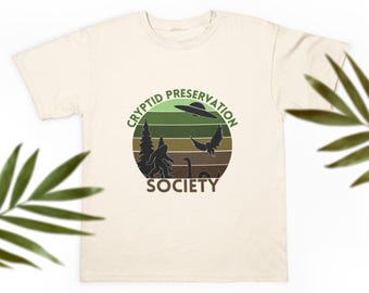 Cryptid Preservation Society Cotton Unisex Jersey Tee Shirt, Bigfoot, Mothman, Loch Ness Monster, Aliens, UFO, Nature, Outdoors, Creatures