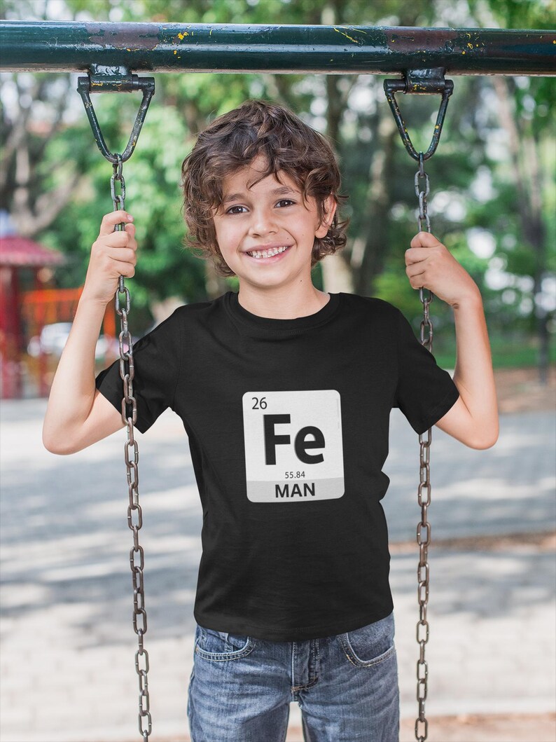 Camiseta de manga curta infantil Homem de Ferro Elemento Fe, engraçada, meninos, trocadilhos, tabela periódica, ciência Black
