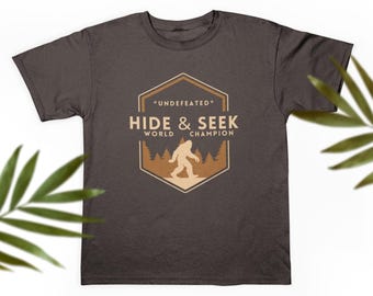 Bigfoot Hide and Seek World Champion Cotton Unisex Jersey Tee Shirt, Funny, Cryptid, Outdoors, Nature, Sasquatch