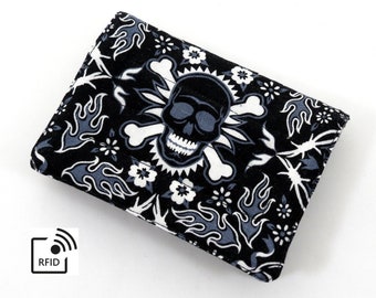 RFID Mini Wallet - Black & White Skulls Flames and Flowers  (with Credit Card slots and zipper Coin pocket)