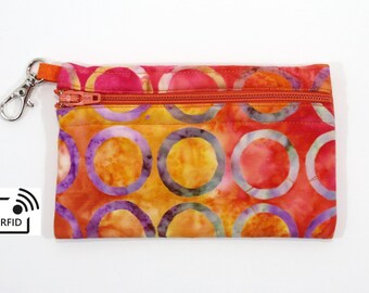 RFID Clip Coin Purse - Orange Batik Circles - with Zipper Front