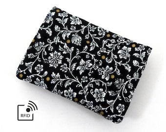 RFID Mini Wallet - BW Floral with Gold Dots   (with Credit Card slots and zipper Coin pocket)