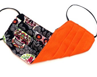 Adult - FACE MASK (Reversible) with Filter Pocket – Cotton, 1/8" elastic bands, Washable, Ready To Ship - Sugar Skulls / Orange