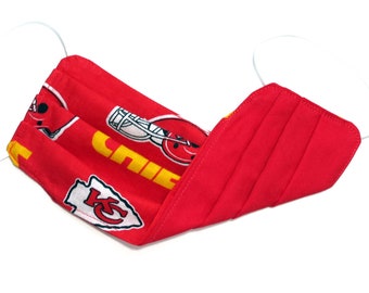 Erwachsene - Häuptlinge - GESICHTSMASKE (Wende) mit Filtertasche – Baumwolle, 1/8" elastische Bänder, waschbar, sofort versandfertig - KC Chiefs / Rot