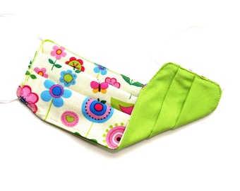 Youth - FACE MASK (Reversible) with Filter Pocket – Cotton, 1/8" elastic bands, Washable, Ready To Ship - Pink Birds & Flowers/ Green